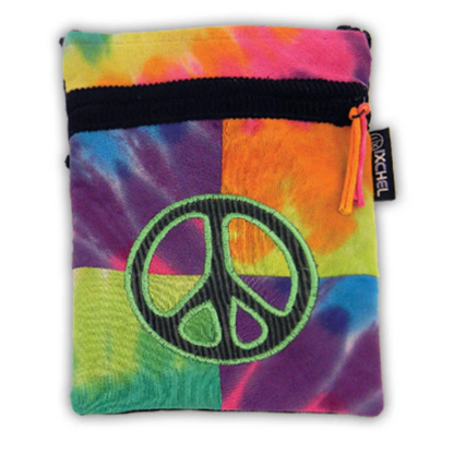 TIE DYED PATCHWORK PASSPORT BAG WITH PEACE SIGN EMBROIDERY